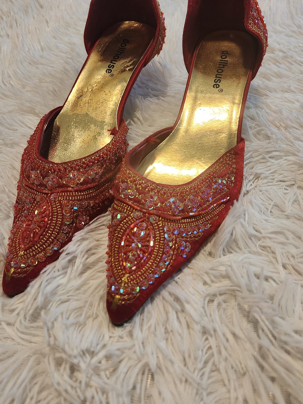 Dollhouse Red Beaded Pointed D'Orsay Heels with Gold Accents